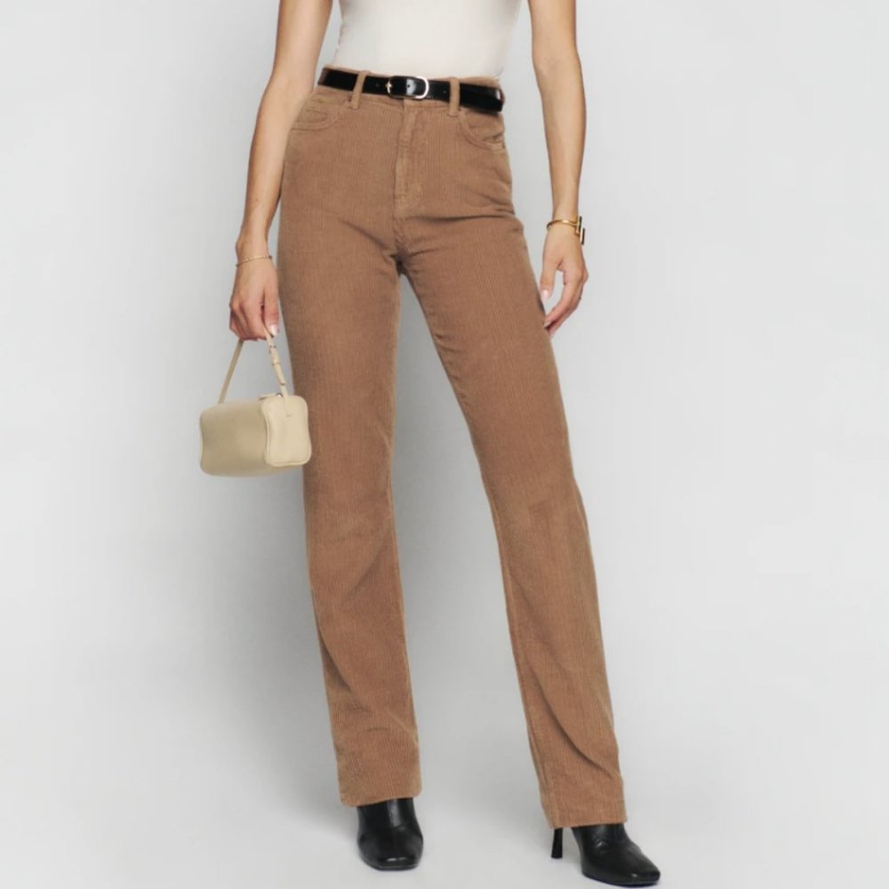 Reformation Cynthia High Rise Straight Long Corduroy Pants Mud Size 29